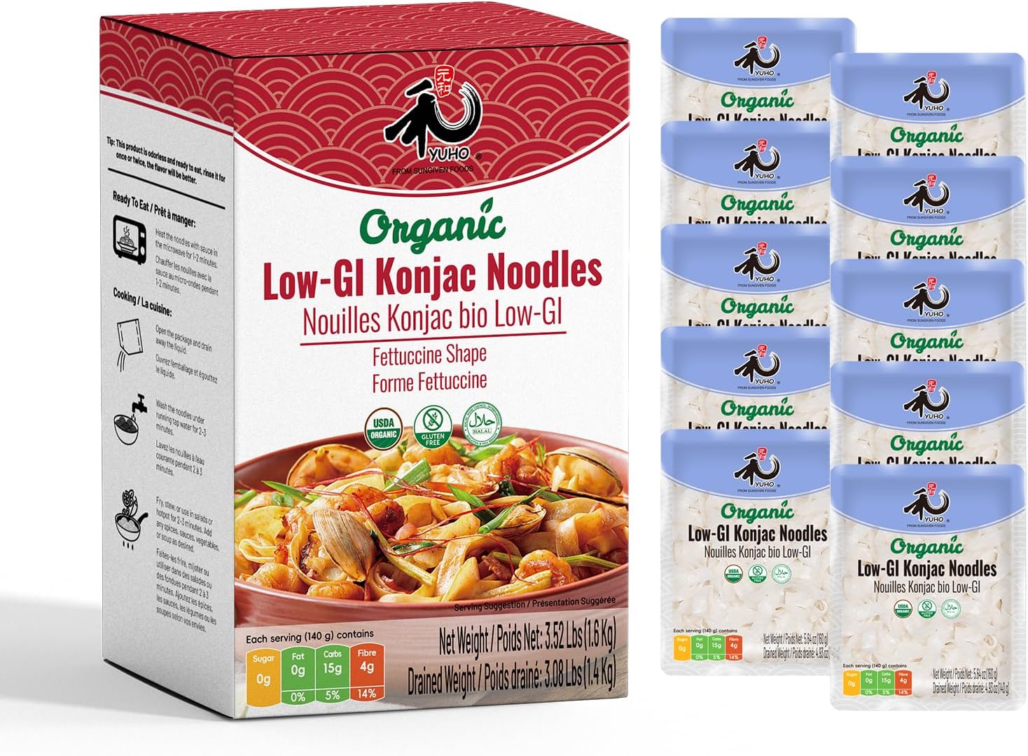 YUHO Organic Konjac Shirataki Fettuccine Noodle, 10 Packs, Closer to Pasta Gluten Free Low Carb Health Noodles Plant Based Vegan for Quick Meals, 56.5 oz