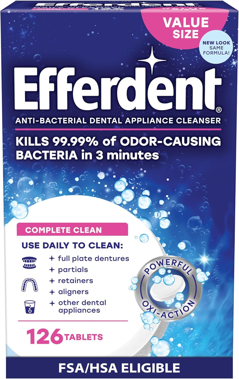 Efferdent Denture Cleaner Tablets – Dental Appliances, Aligners, Mouth Guard, and Retainer Cleaner Tablets, Complete Clean, 126 Count