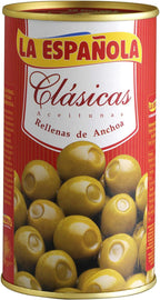 La Espanola. Clasicas Green Olives stuffed with Anchovies. 350g (12,35oz). Pack of 6