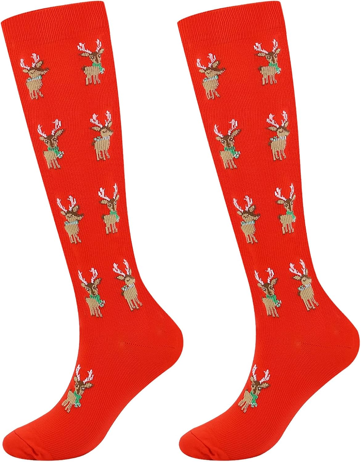 Junely Christmas Compression Socks for Women Knee High Reindeer Socks for Running Athletic Nurses Pregnant Women Work Support Travel Flight Sports Gifts Red