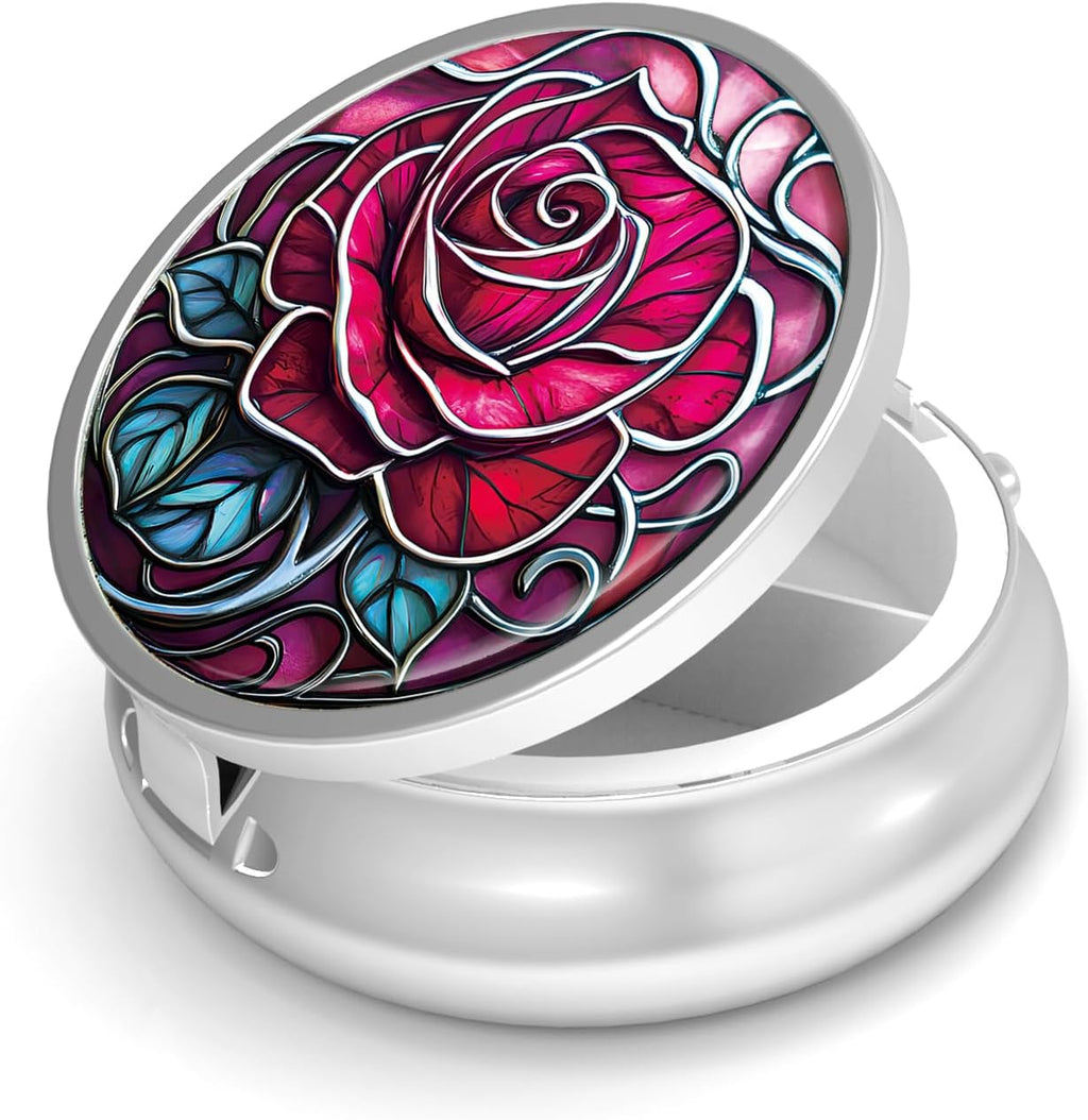 Pill Box-3 Compartment Small Pill Case for Purse & Pocket Mini Metal Pill Holder Travel Pill Container to Hold Supplements Vitamins BPA-Free (Rose)