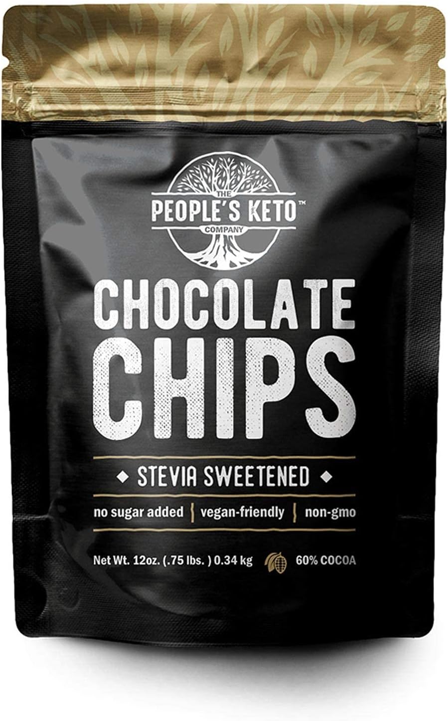 Sugar Free Large Chocolate Chips, Stevia Sweetened, 12 oz. Value Size, Non-GMO, Vegan, Keto, Low Carb, 60% Cocoa, All Natural, Baking Chips, Gluten Free, No Sugar Added (1 Pack)