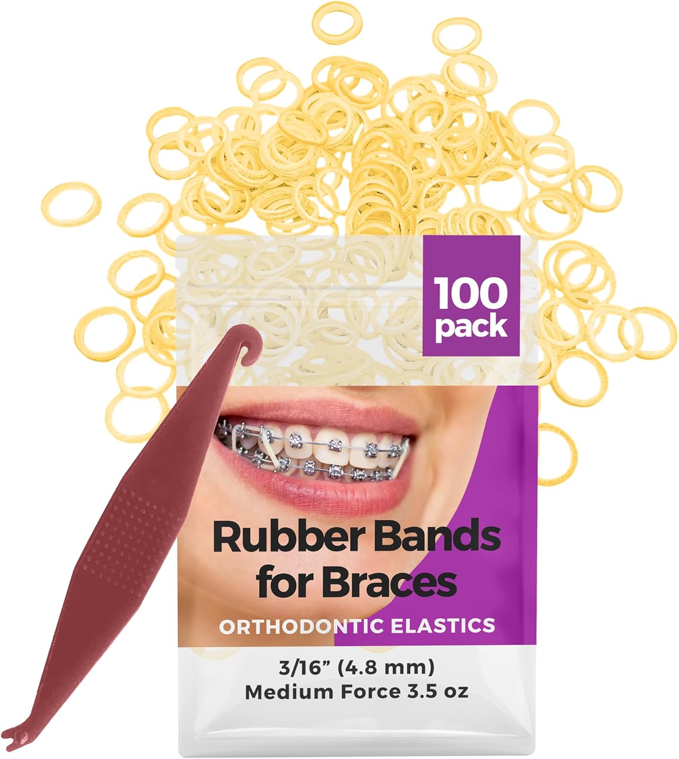 Orthodontic Rubber Bands for Braces 3/16 Medium Force 3.5 oz - 100 Pack, Natural, Elastic Braces Rubber Bands, Orthodontic Elastics for Fixing Tooth Gaps, Dreadlocks, Includes Free Elastic Placer