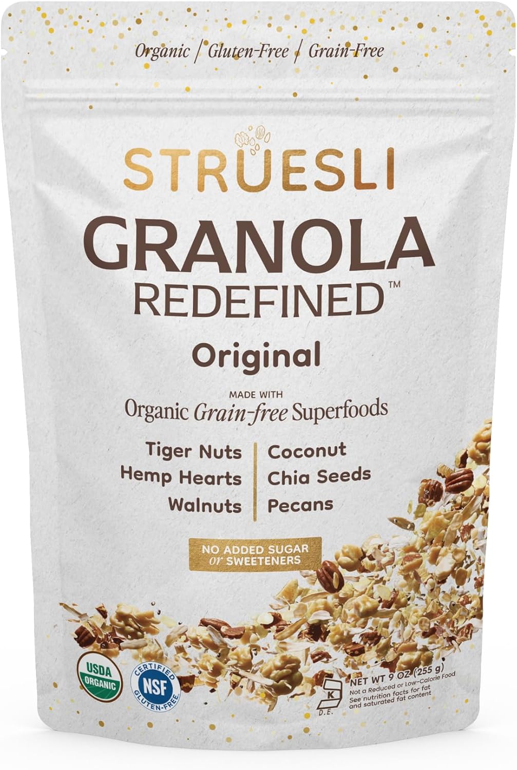 Struesli Original Organic Granola, Grain & Gluten Free, Healthy Snacks with Chia Seeds, Nuts and Sea Salt, Prebiotic High Fiber Food for Yogurt, Cereal & More, Plant Based, Keto & Paleo Friendly, 9 Oz