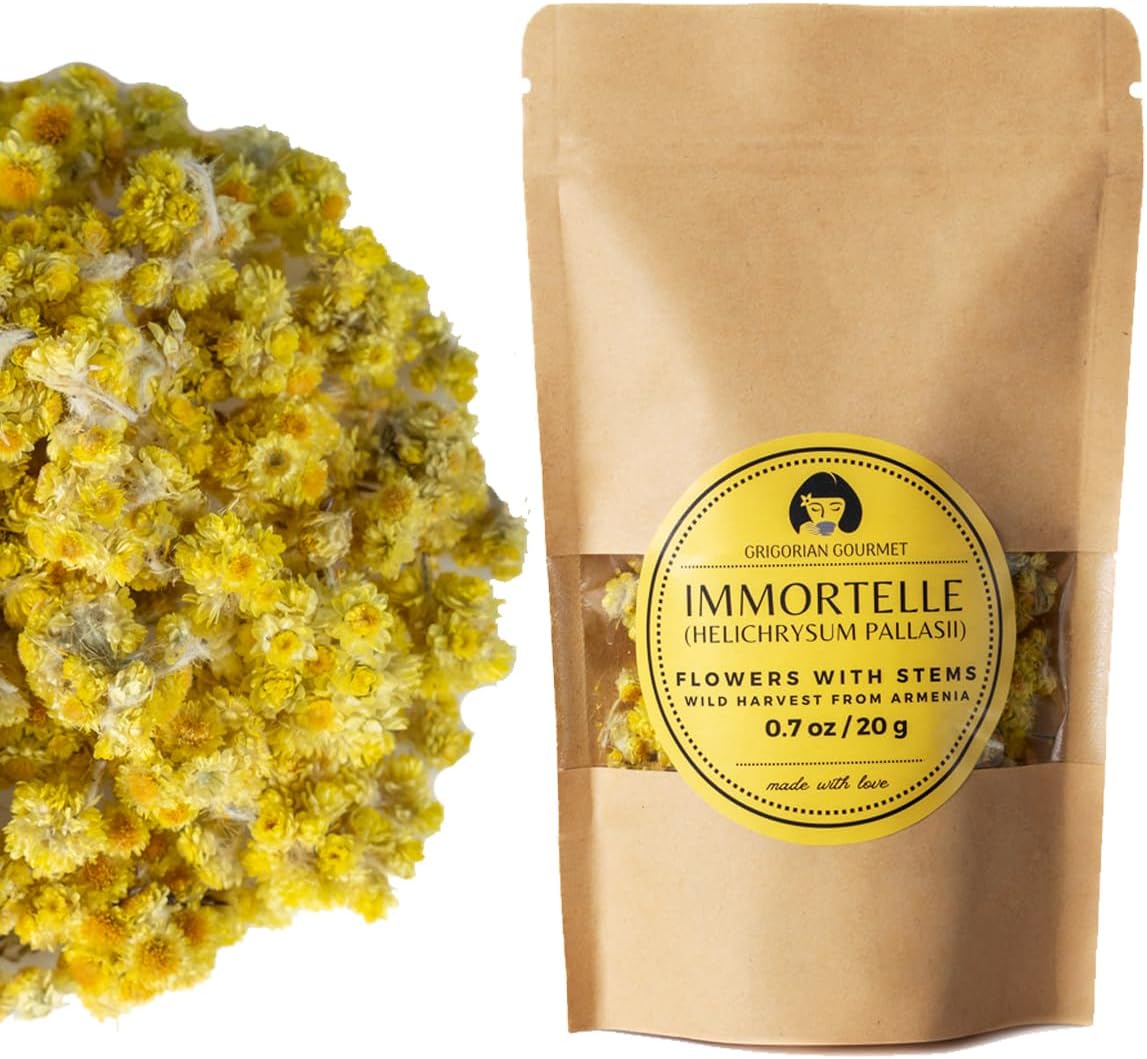 Immortelle (Helichrysum Pallasii) 0.7 OZ (20g) Dried Flowers with Short Stems, Loose Herbal Tea | Wild-Harvested from the Mountains of Armenia | Naturally Sourced with Rich Aroma and Distinct Flavor | Handpicked & Premium Quality