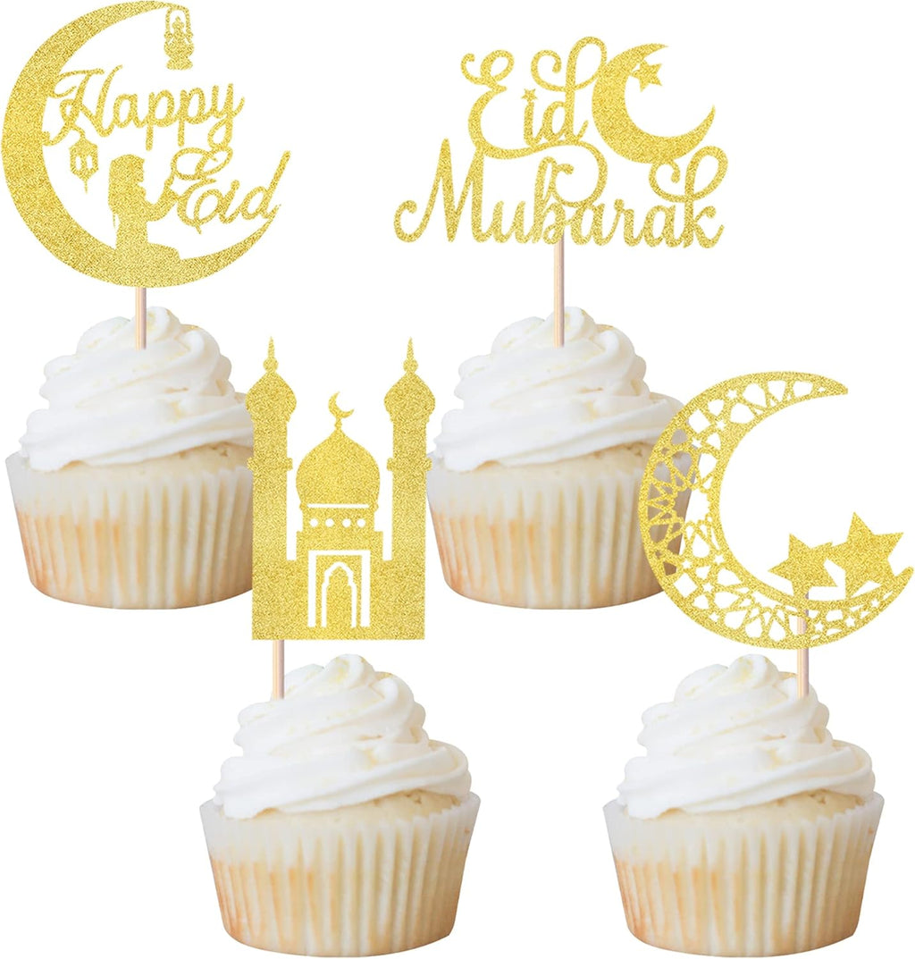 Rsstarxi 24 Pack Eid Mubarak Cupcake Toppers Gold Glitter Moon Star Happy Eid Cupcake Picks for Islamic Muslim Mubarak Festival Ramadam Kareem Party Cake Decorations Supplies.