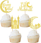 Rsstarxi 24 Pack Eid Mubarak Cupcake Toppers Gold Glitter Moon Star Happy Eid Cupcake Picks for Islamic Muslim Mubarak Festival Ramadam Kareem Party Cake Decorations Supplies.