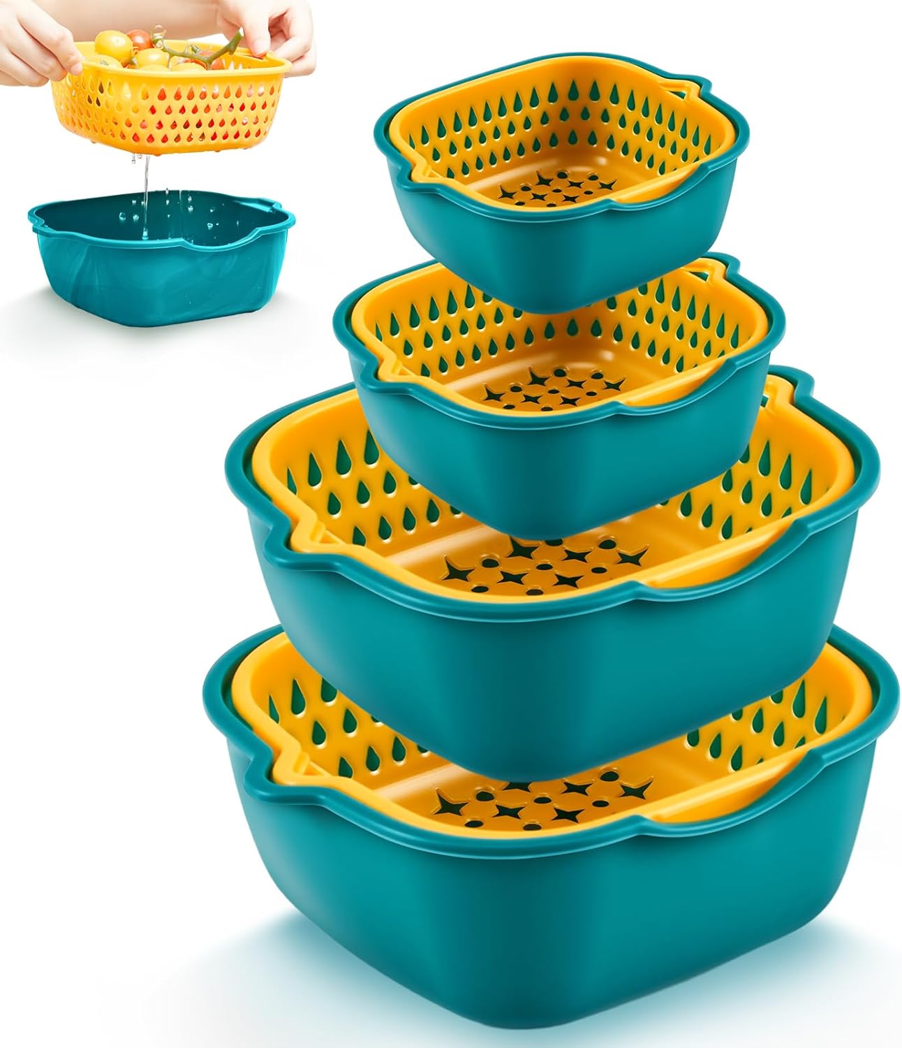 LemonRoad 8 Pcs Drain Colander Bowl Set Fruits and Vegetable Washing Strainer Detachable Double-layer Plastic Kitchen Food Basket, Kitchen Essential Gadgets (Orange, Green)