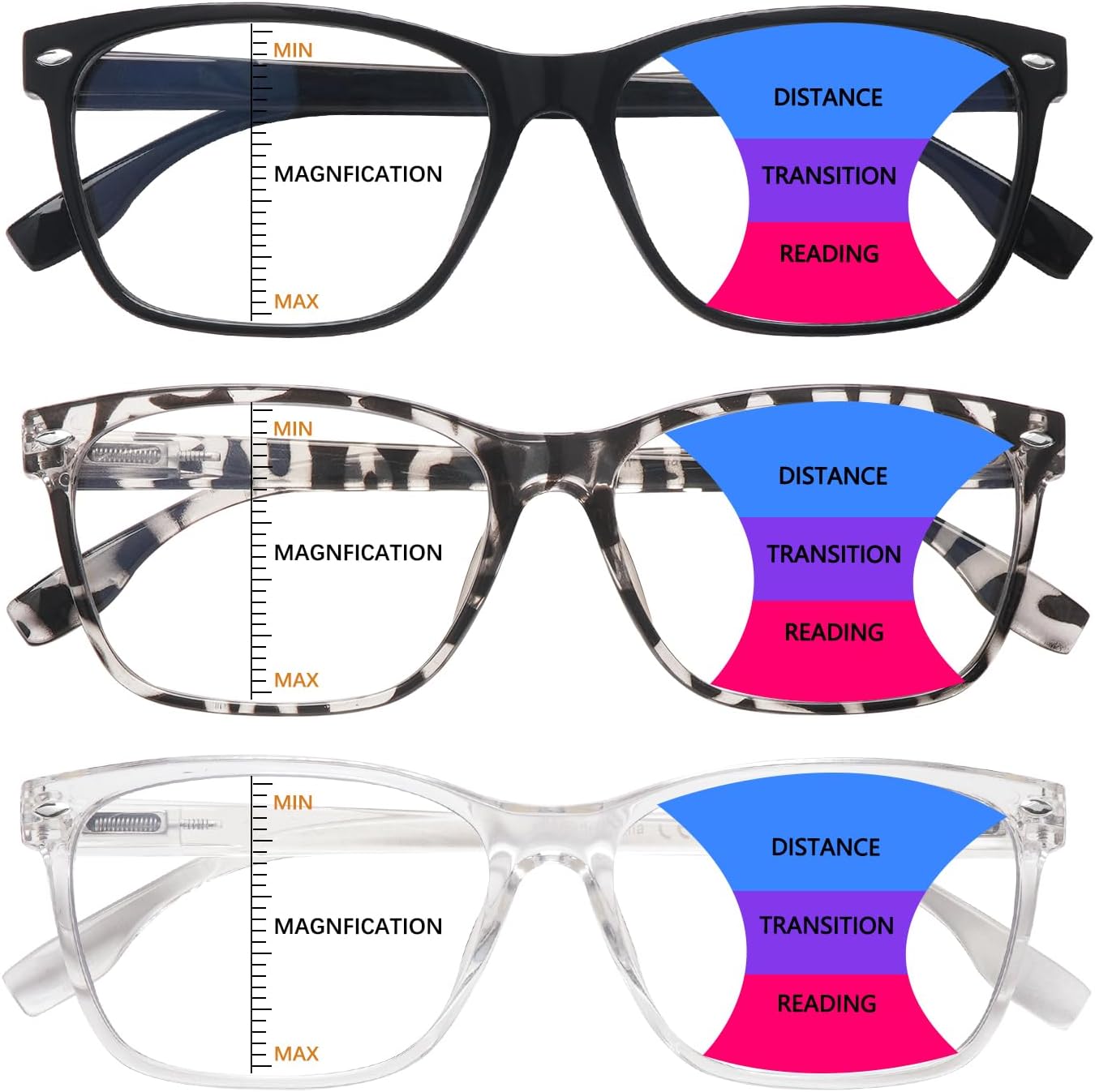 Progressive Multifocus Reading Glasses for Women, Blue Light Blocking Ladies Computer Readers with Spring Hinge.