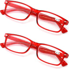 2 Pairs Casual Rectangular Reading Glasses - Stylish Simple Readers Magnification Transparent Blue Red Clear