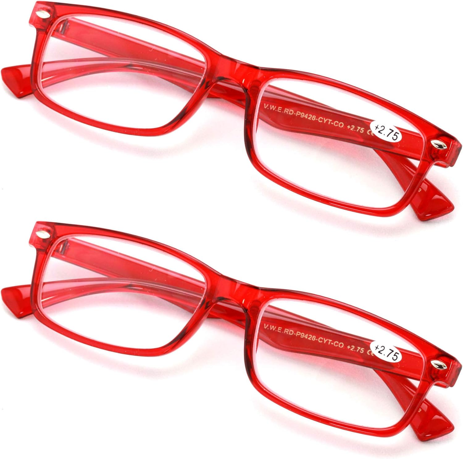 2 Pairs Casual Rectangular Reading Glasses - Stylish Simple Readers Magnification Transparent Blue Red Clear