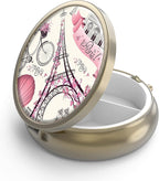 Pill Case Pill Box with Mirror Retro 3 Compartment Small Pill Case for Purse or Pocket Bronze Small Roud Pill Box or Vitamins, Fish Oil, Supplements, Pill Containe Travel Gifts（Paris Eiffel Tower）