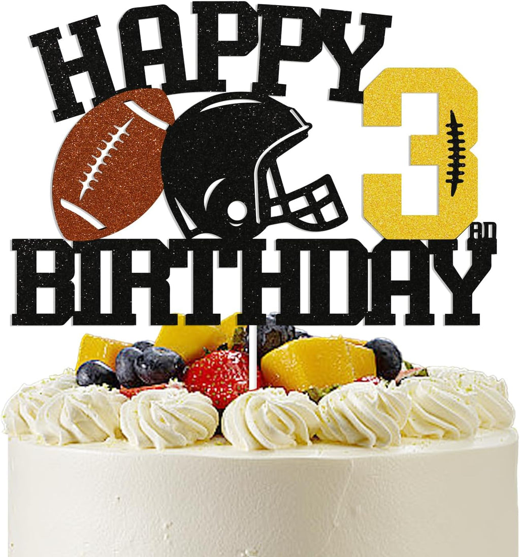Football Happy 3rd Birthday Cake Topper - Football Sports Theme Birthday Party Decorations for Boys, Three Years Old Birthday Party Supplies Black Glitter