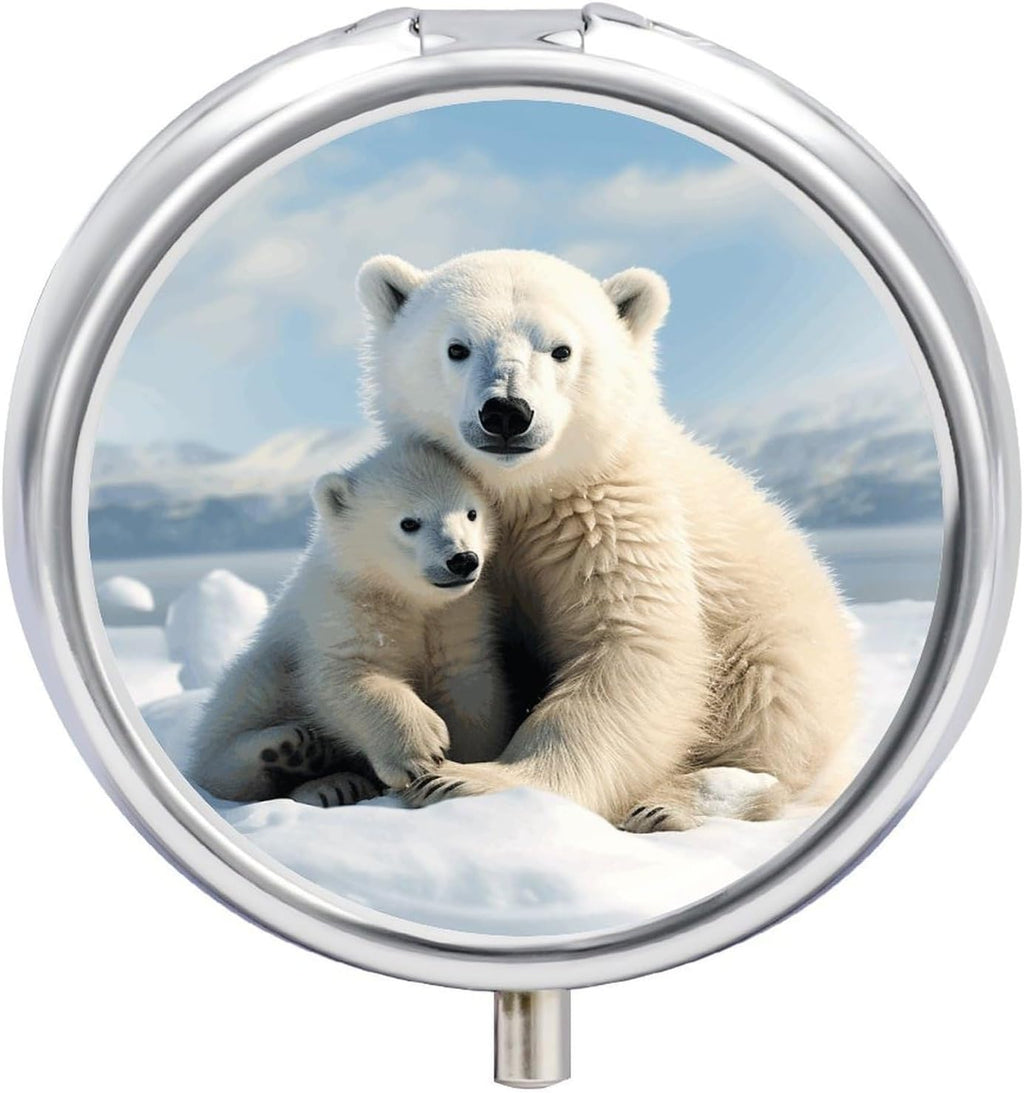 Cute Polar Bear Pill Box Portable Mini Travel Pill Organizer Holder 3 Compartment Decorative Round Pills Case Exquisite Daily Vitamin Container for Cod Liver Oil
