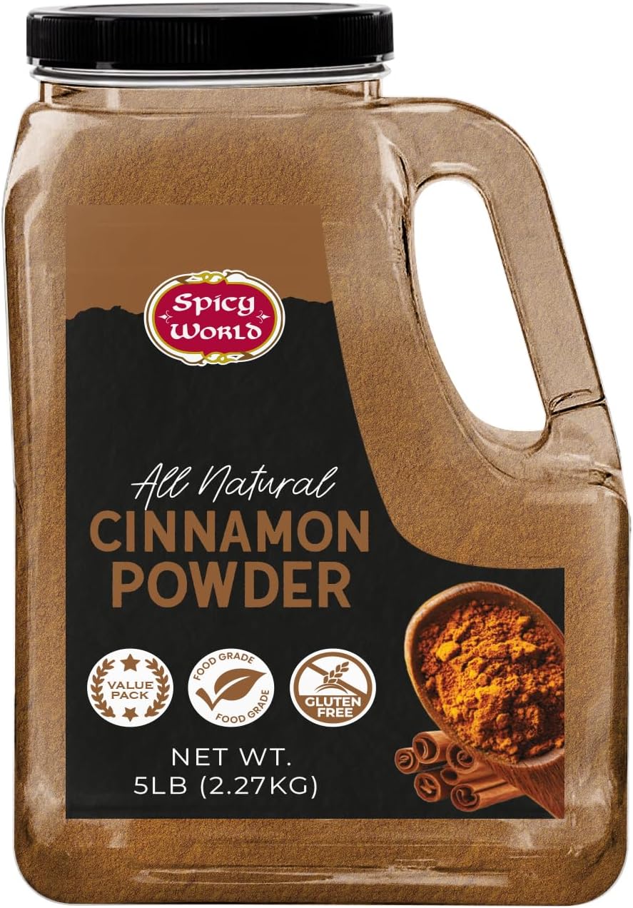 Spicy World Cinnamon Powder 5 LB Jar - Lab Tested for Lead - Ground Cassia Cinnamon Bulk, Great Authentic Spice for Coffee, Tea, Baking & Oatmeal, Rich Flavor & Aroma
