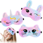 3 Pcs Cute Animal Kids Sleep Mask, 100% Blackout Eye Masks for Girls, Soft & Comfortable Plush Eye Covers with Adjustable Strap for Sleeping, Travel, Home, Party (Unicorn/Cat/Bunny)