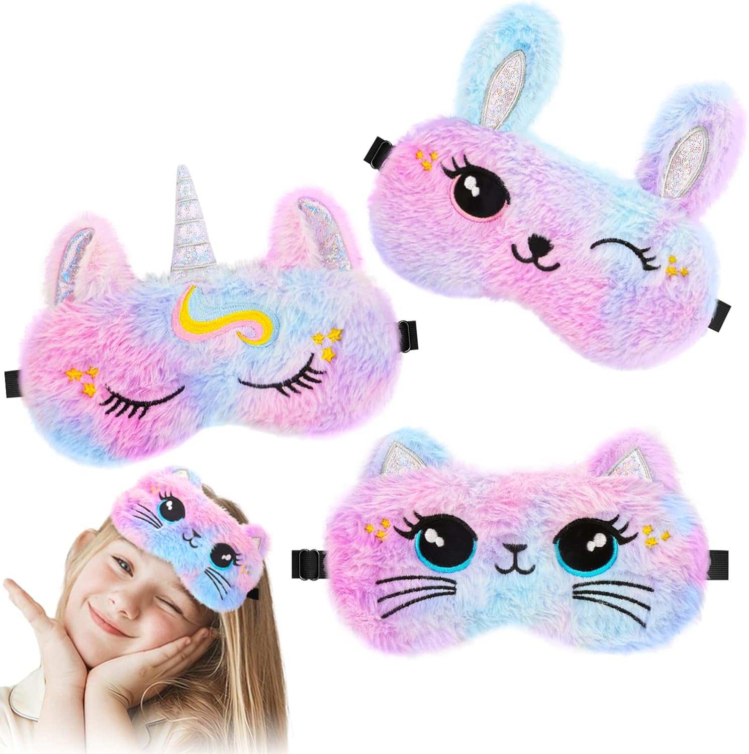 3 Pcs Cute Animal Kids Sleep Mask, 100% Blackout Eye Masks for Girls, Soft & Comfortable Plush Eye Covers with Adjustable Strap for Sleeping, Travel, Home, Party (Unicorn/Cat/Bunny)