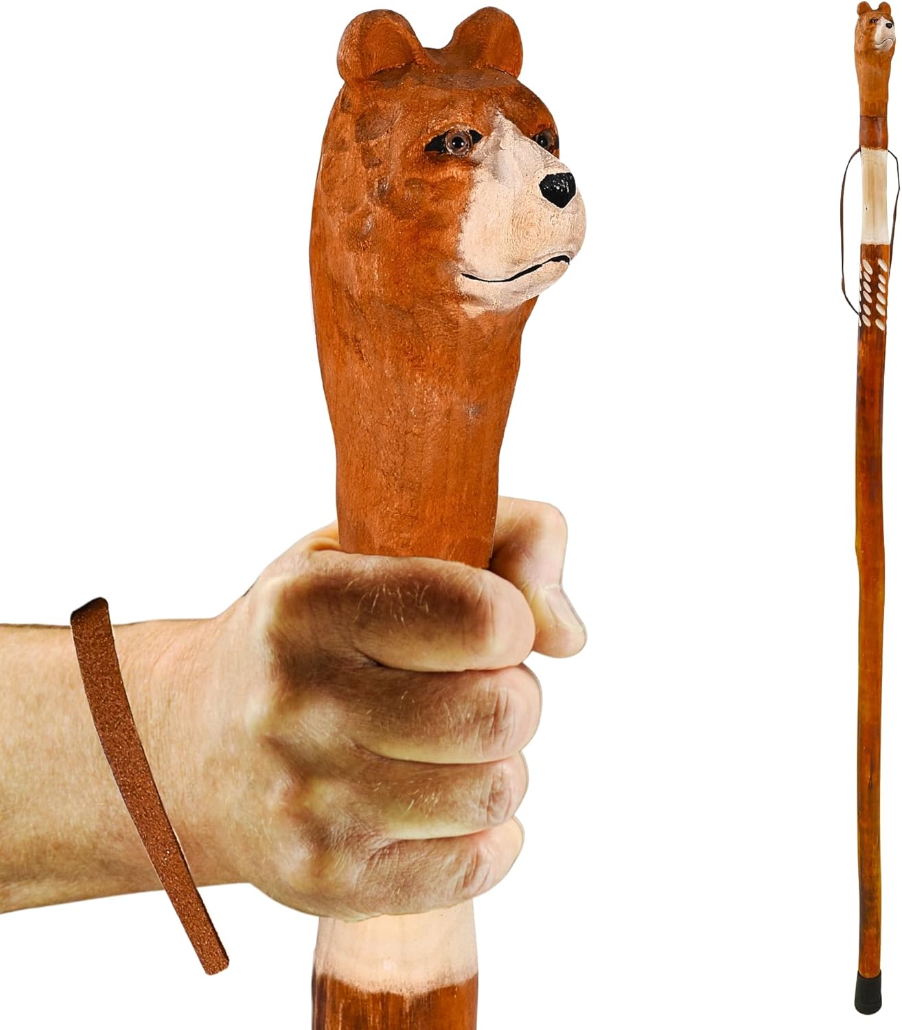Carved Walking Stick with Animal Head - Lightweight and Strong Wooden Treckking Pole & Cane for Men Women & Seniors - A Hiking Gear Sculpted in Wood