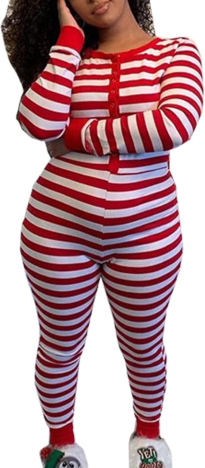 Springcmy Women Christmas Deep V-Neck Jumpsuit Long Sleeve One Piece Bodycon Romper Pajamas Sleepwear Bodysuit Loungewear