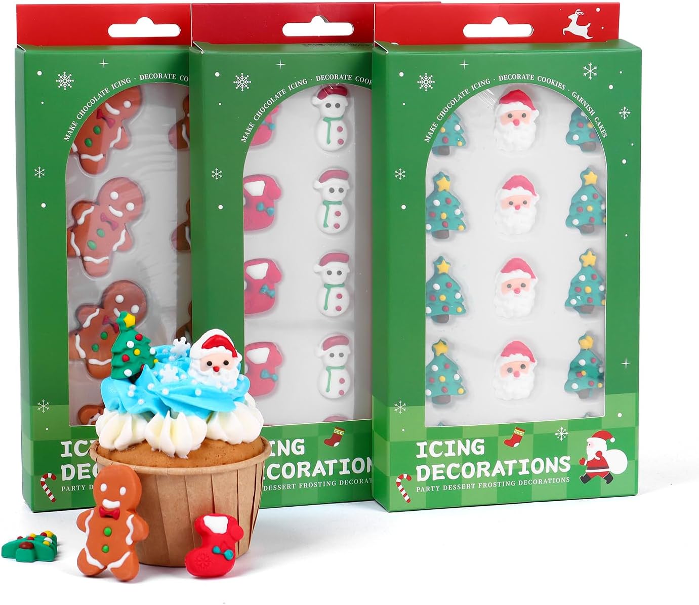 Edible Christmas Cake Decorations, Edible Gingerbread Men, Christmas Tree Candy, Santa Claus Icing Decorations, Socks, Snowman for Gingerbread House, Cupcakes, Cake, Cookies, and Cakecicles