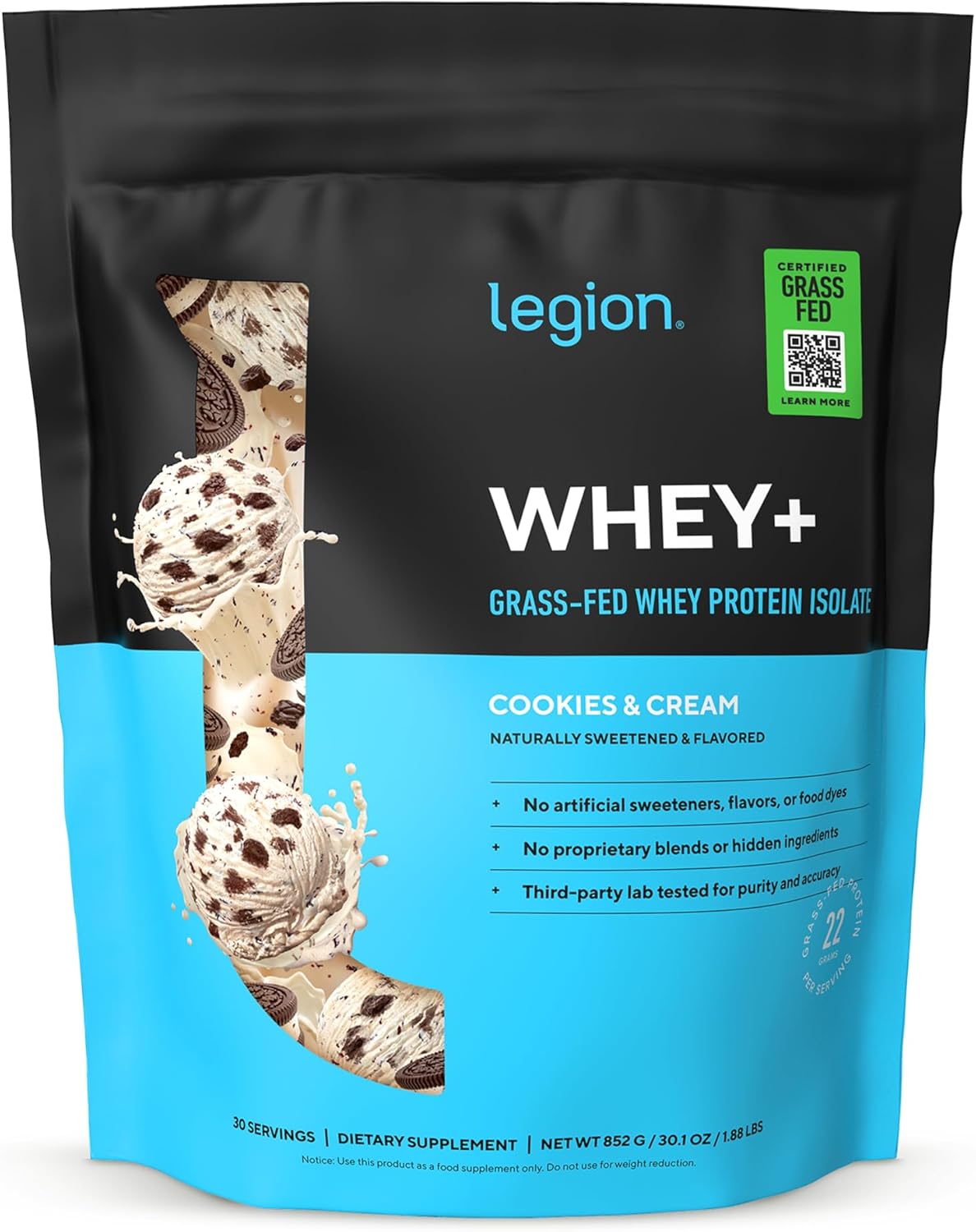 LEGION Whey+ Protein Whey Isolate from Grass Fed Cows (Cookies & Cream, 30 Servings) - Whey Protein Isolate Powder Low Calorie, Non-GMO, Sugar Free, Lactose and Gluten Free, All Natural Protein Powder