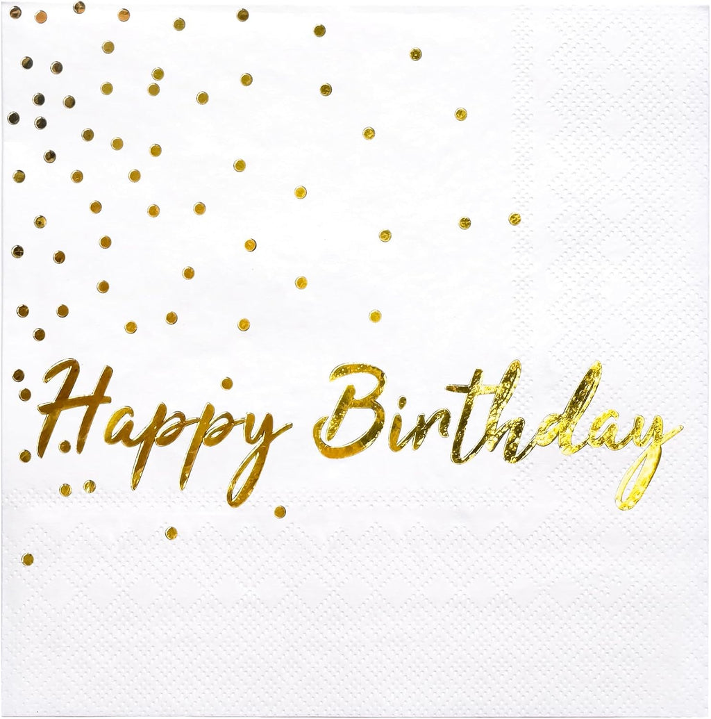 WRAPAHOLIC 25Pcs Dot Birthday Cocktail Napkins - 3-Ply White Gold Foil Happy Birthday Lettering and Dot Disposable Paper Napkins for Baby Shower Party Tableware Party Supplies - 5 x 5 In