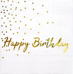 WRAPAHOLIC 25Pcs Dot Birthday Cocktail Napkins - 3-Ply White Gold Foil Happy Birthday Lettering and Dot Disposable Paper Napkins for Baby Shower Party Tableware Party Supplies - 5 x 5 In