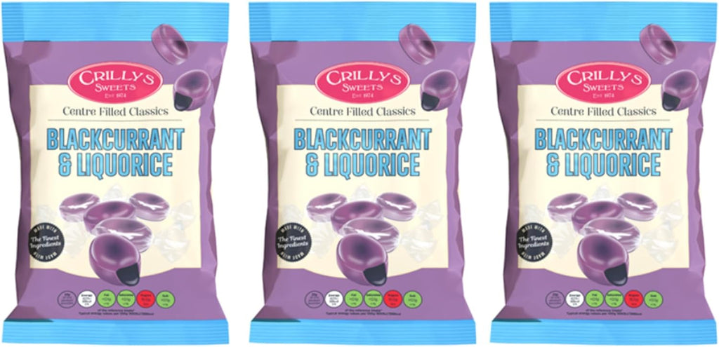Crilly's Blackcurrant & Liquorice British Sweets/Candy Old Fashioned Handmade Licorice from England | Traditional Candy Gift 3 pack bundle (Blackcurrant & Liquorice)