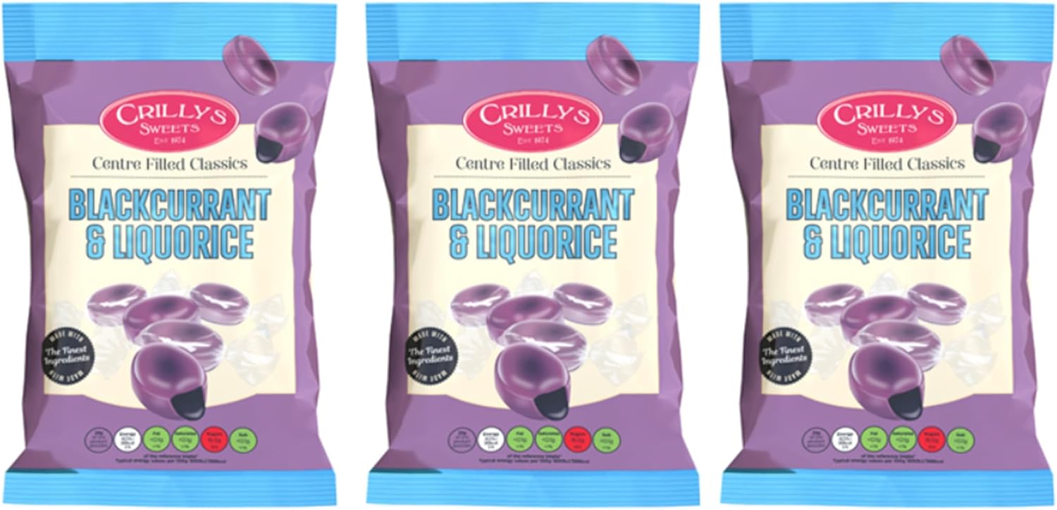 Crilly's Blackcurrant & Liquorice British Sweets/Candy Old Fashioned Handmade Licorice from England | Traditional Candy Gift 3 pack bundle (Blackcurrant & Liquorice)