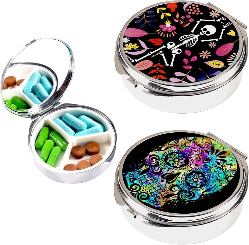 2pcs Pill Box,3 Compartment Small Pill Case for Pocket & Purse, Travel Metal Pill Organizer,Pill Container and Medicine Vitamin Organizer