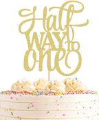 Half Way To One Cake Topper - Gold Glitter 6 Months Birthday Decorations Supplies - Half Birthday Decorations Baby Girl, for Baby Shower/Gender Reveal Party Photo Booth Props