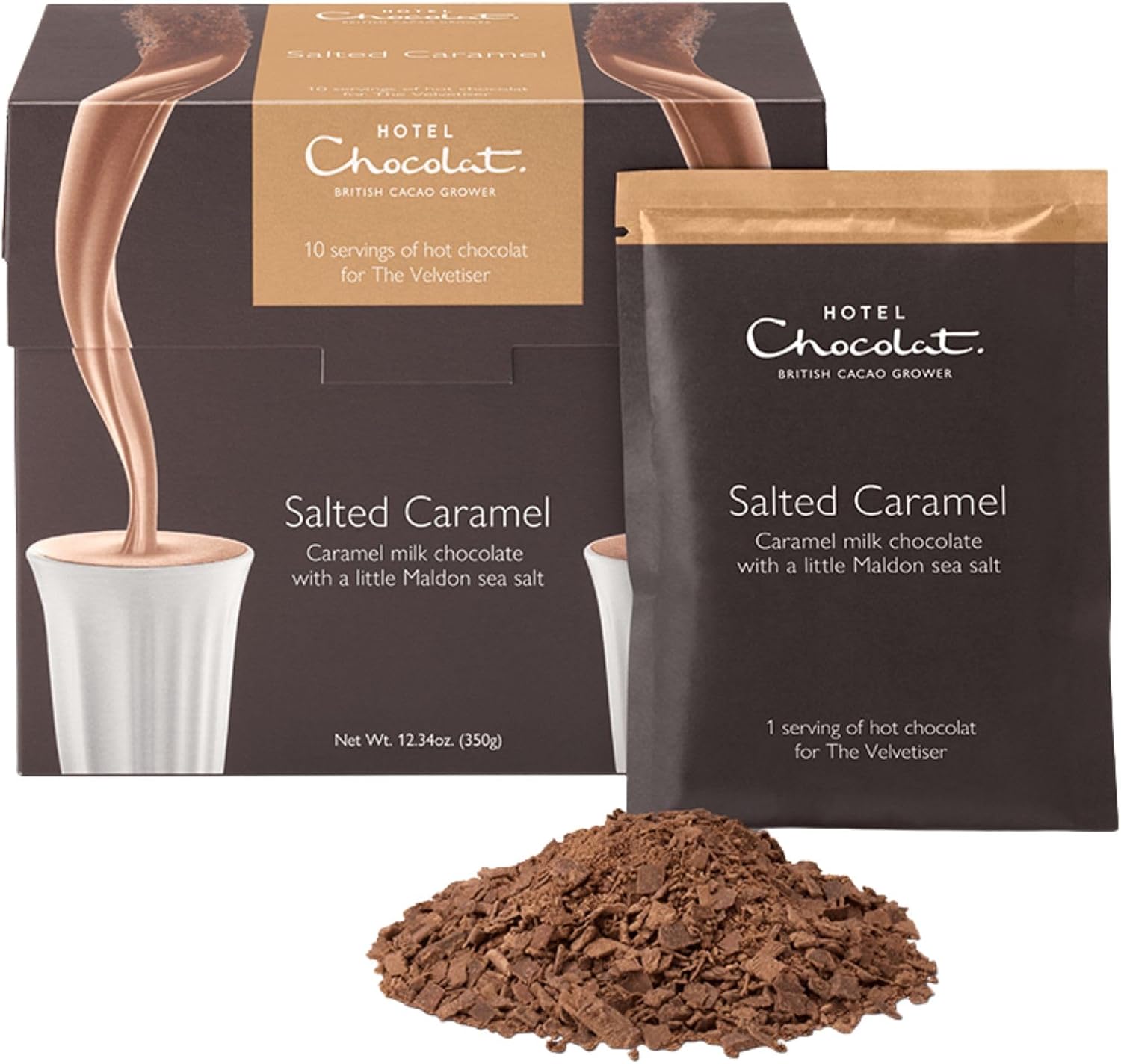 Salted Caramel Hot Chocolate Mix – Gourmet Drinking Chocolate with Real Chocolate Flakes, Sweet & Salty Caramel Flavor, 10 Single-Serve Sachets by Hotel Chocolat