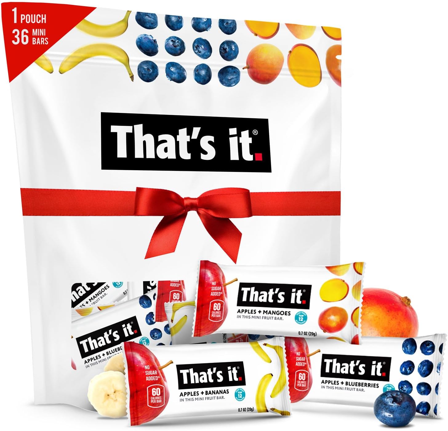 That's it. Mini Fruit Bars Gift Pouch (Variety 36 Count) No Sugar Added, Plant-Based, Vegan & Gluten Free, Paleo, Non GMO, Fiber (12 Banana, 12 Blueberry, 12 Mango)