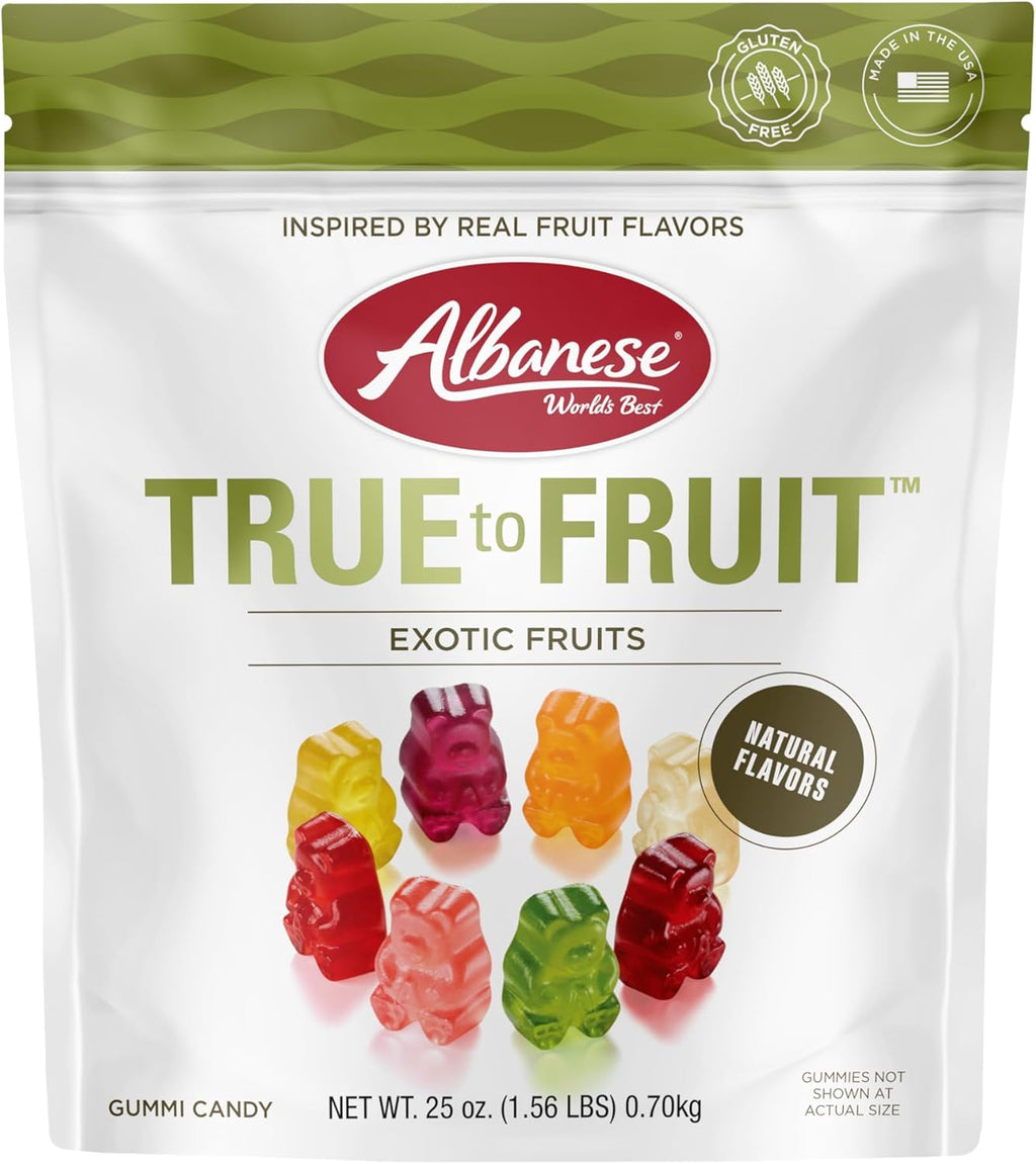 Albanese World's Best True to Fruit Exotic Fruits | 25oz Bag of Candy | 8 Natural Flavors and Colors, Soft Gummy Bears | Fuji Apple and More | Tastes like Real Fruit Picked at the Peak of Ripeness