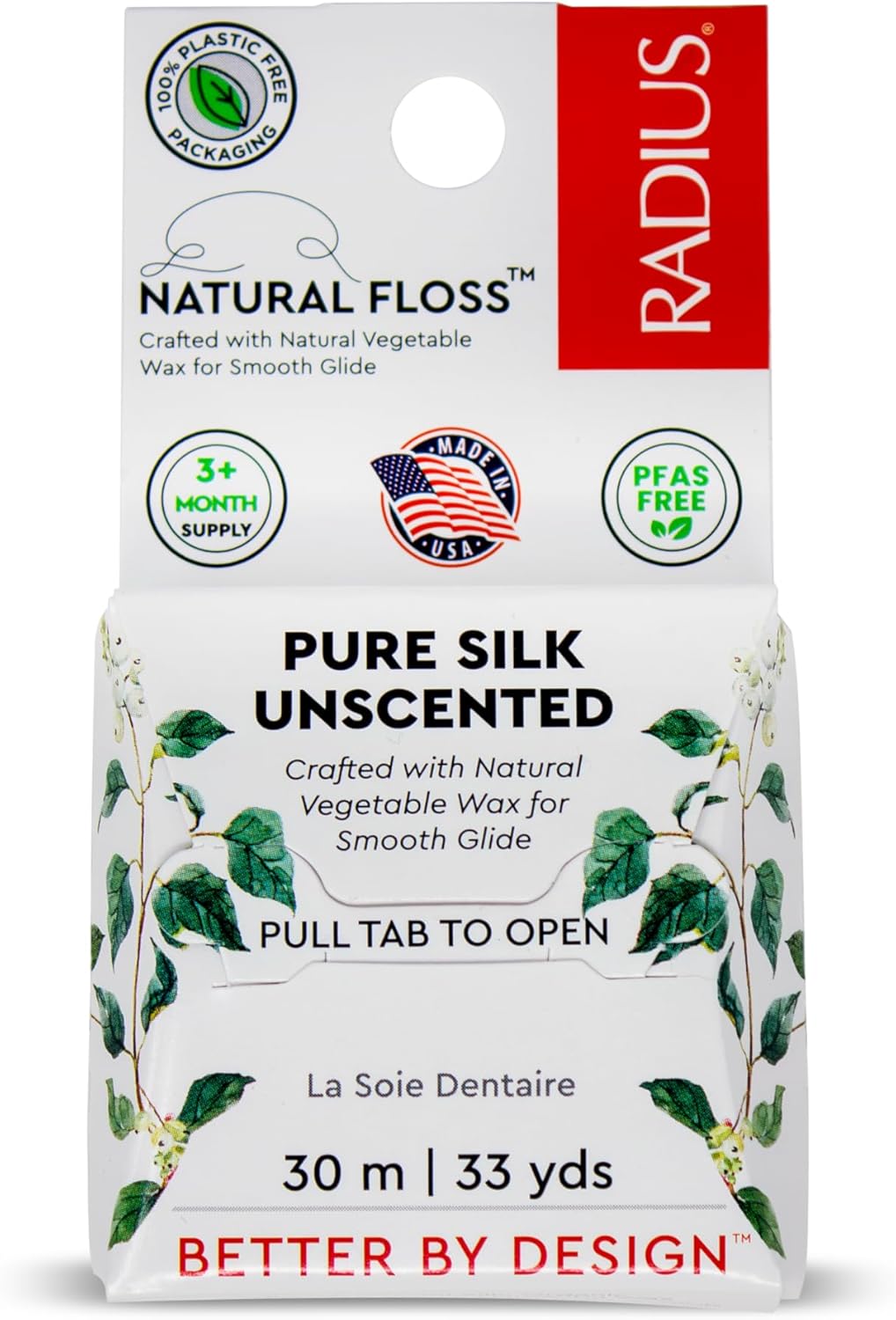 RADIUS Natural Silk Dental Floss, Now 30% Thinner for Smooth Glide in Tight Teeth, Hand-Spun Silk Infused with Coconut Oil, Plastic-Free & Sustainable Packaging, Unscented, 33 YD - Pack of 1