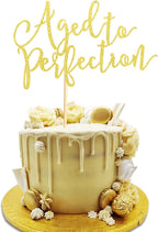 Aged to Perfection Cake Topper, Happy Birthday Engagement Retirement Party Decorations Supplies - Gold Glitter