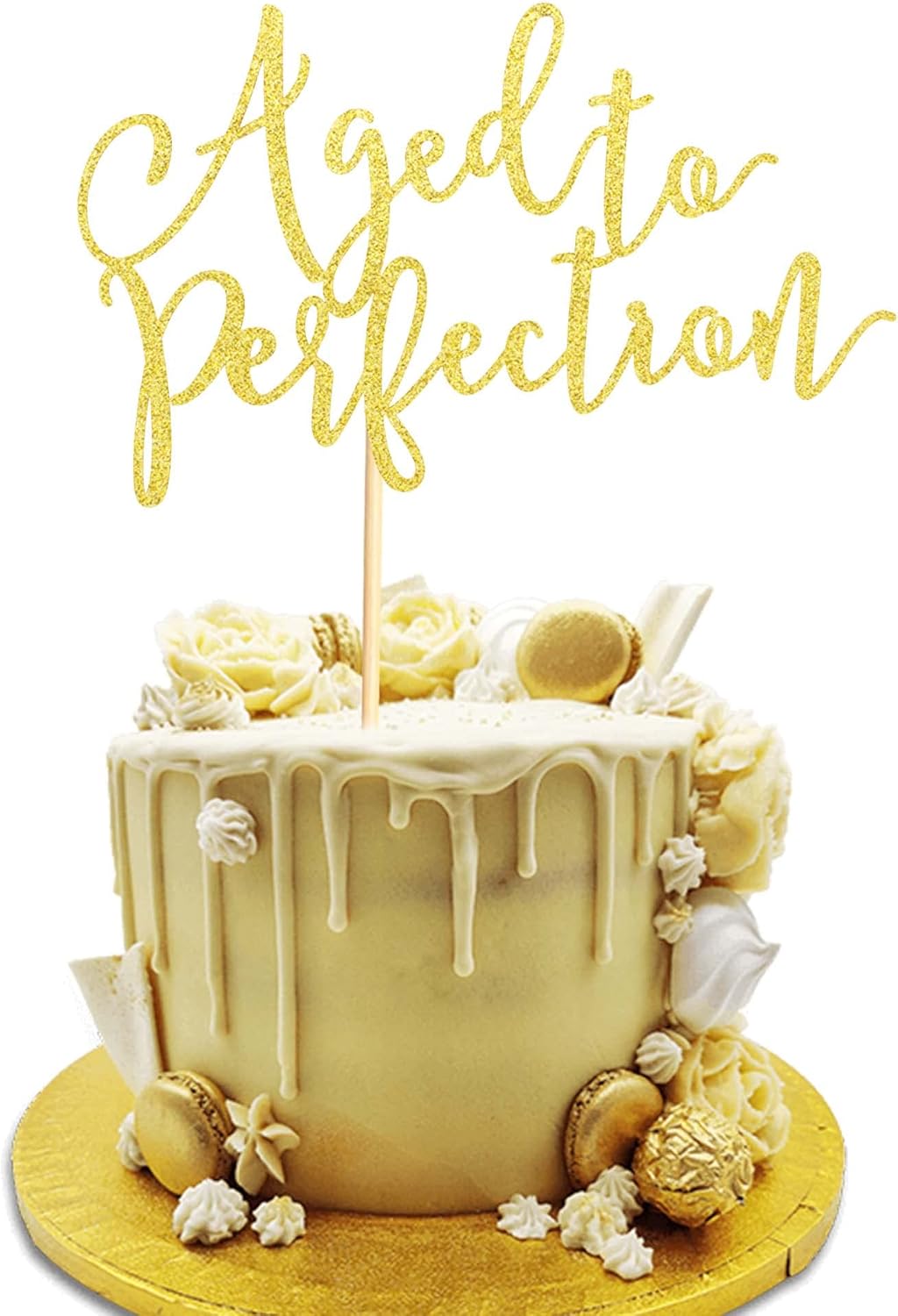 Aged to Perfection Cake Topper, Happy Birthday Engagement Retirement Party Decorations Supplies - Gold Glitter