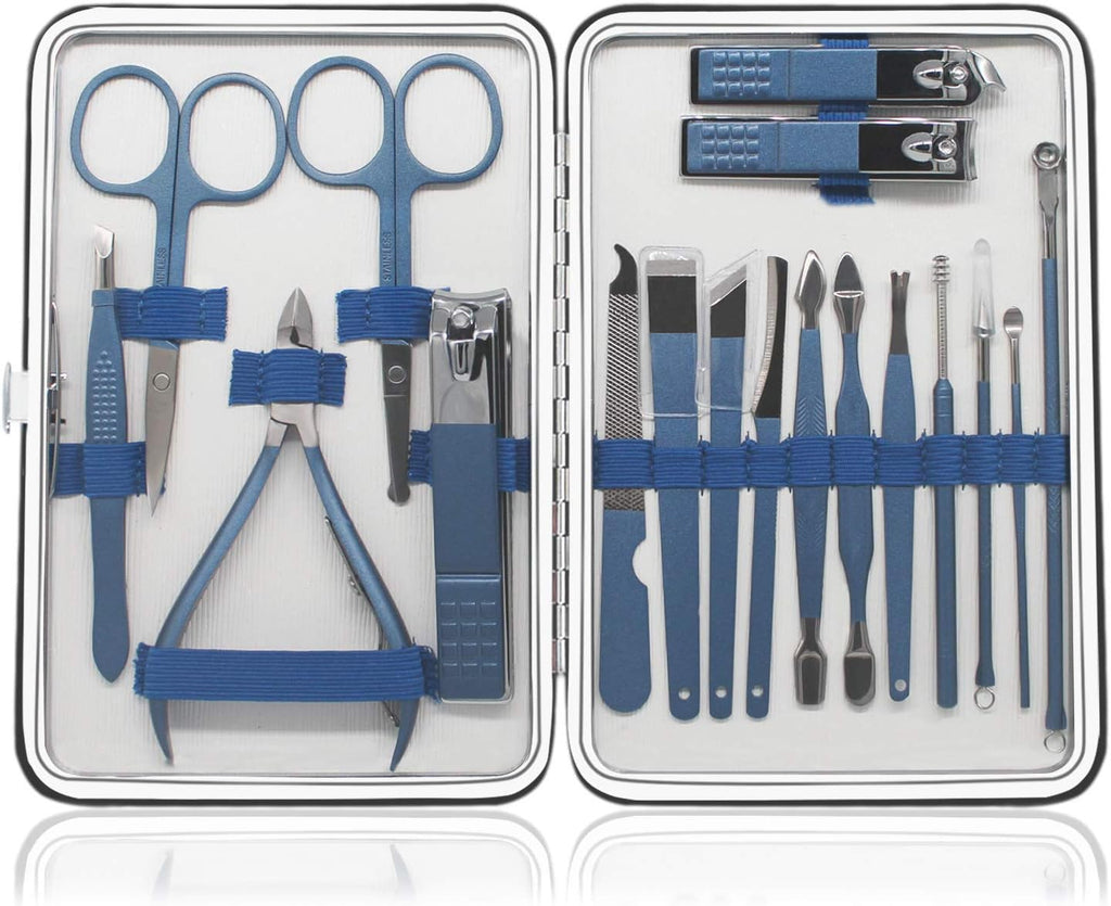18 Pieces of Stainless Steel Nail Trimming and Beauty Kits - Nail Clippers, Nail Files, Tweezers, Nose Scissors, Eyebrow shavers, Ear Spoons, Blue Leather suitcases.