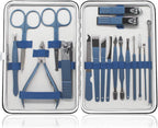 18 Pieces of Stainless Steel Nail Trimming and Beauty Kits - Nail Clippers, Nail Files, Tweezers, Nose Scissors, Eyebrow shavers, Ear Spoons, Blue Leather suitcases.