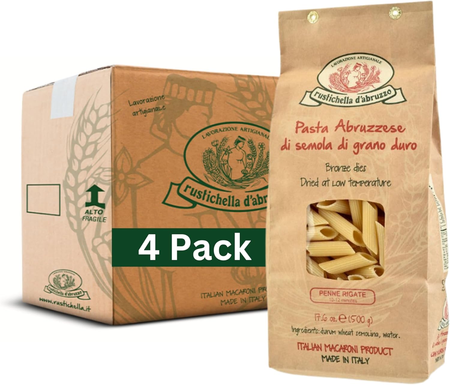Rustichella d'Abruzzo Penne Rigate Pasta (Pack of 4), 500g Each - Classic Durum Wheat Short Pasta with Ridges - Ideal for Sauces - Cooks in 10-12 Minutes - Authentic Italian Pasta