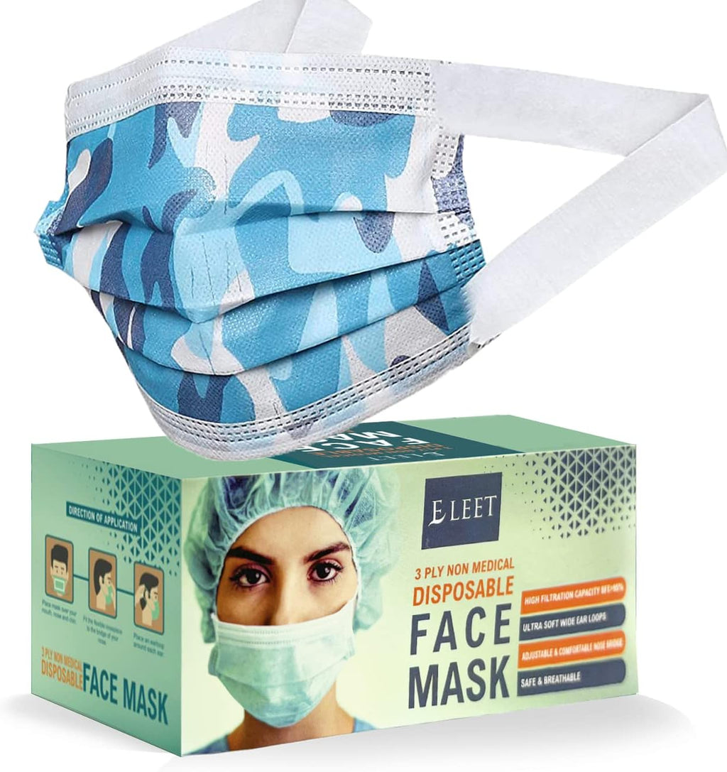Disposable Face Masks 3 Ply With Ultra Soft Ear Loops - Beautifully Printed Single Use Breathable Protection Masks (50 Count (Pack of 1), Camouflage Blue)