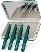 Upgraded Sharp Precision Tweezers for Facial Hair & Chin Hair, Slanted Design for Women & Men Eyebrow Plucker, Great with Travel Mirror Case (Green)