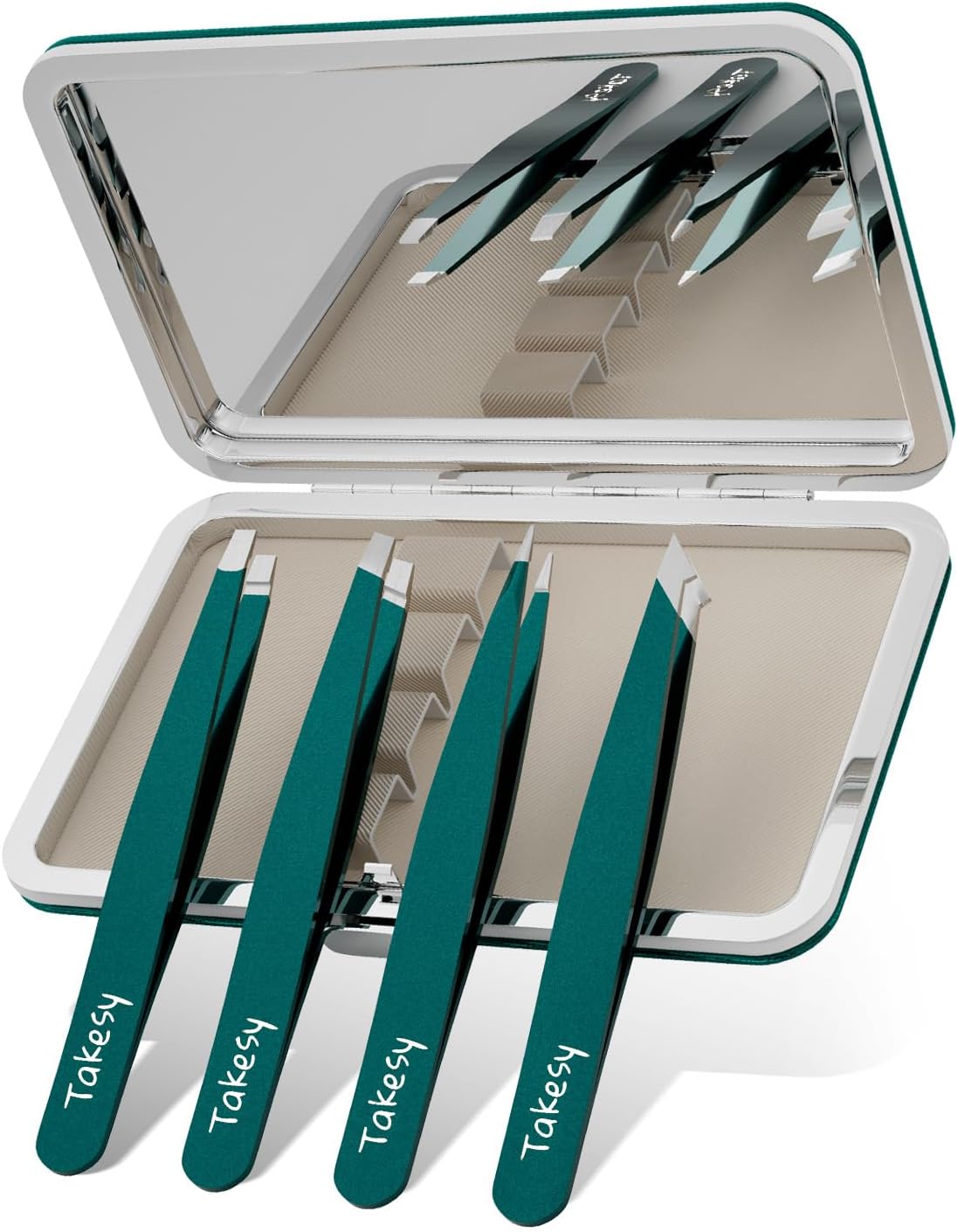 Upgraded Sharp Precision Tweezers for Facial Hair & Chin Hair, Slanted Design for Women & Men Eyebrow Plucker, Great with Travel Mirror Case (Green)