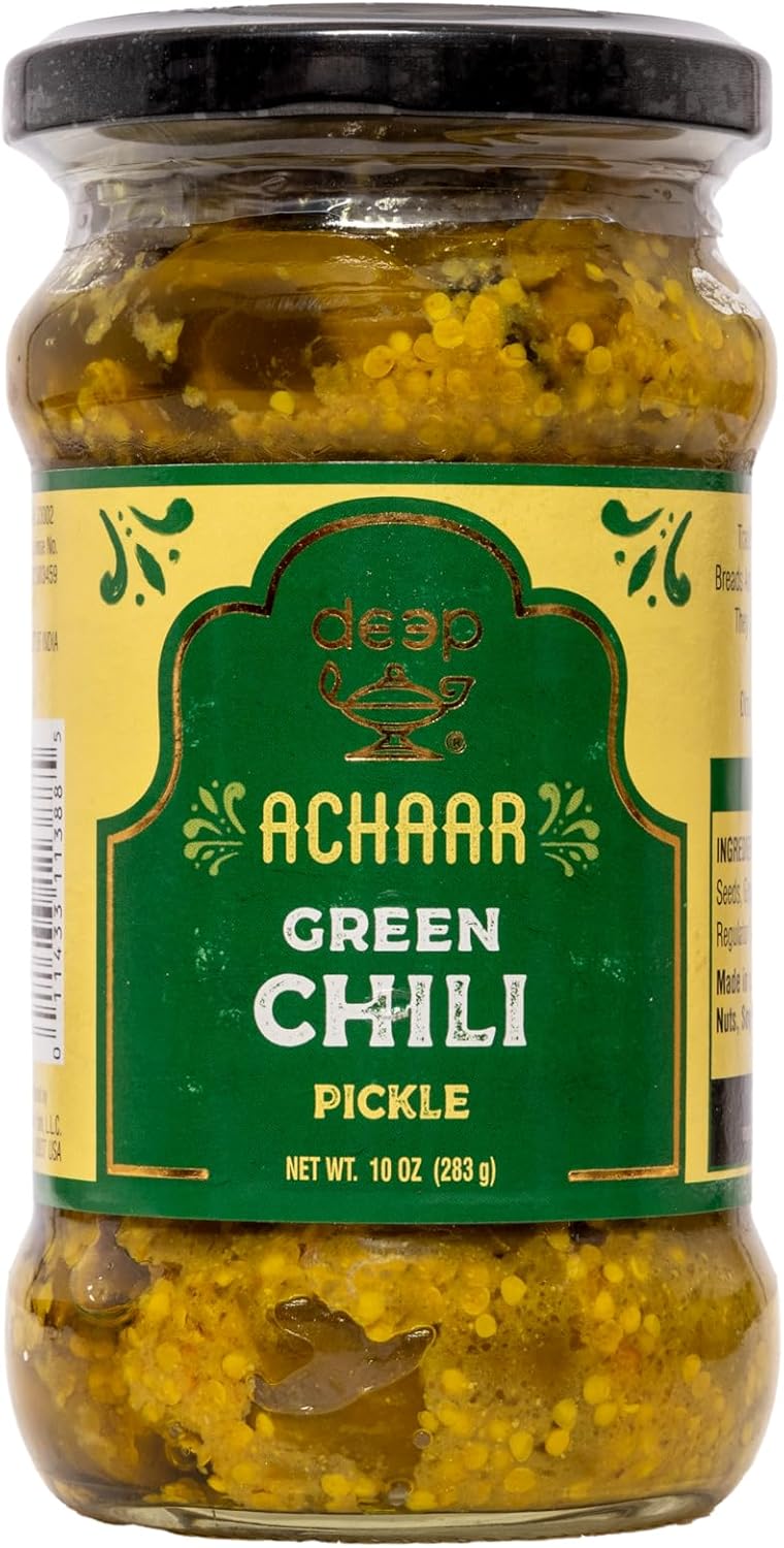 Deep Authentic Indian Spice Mix Blend Green Chilli Pickle - 10 Oz | Ready to Use Rich Aroma and Taste of Achar | Mango, Fenugreek, Mustard, Asafoetida | Vegetarian | No Artificial Colours