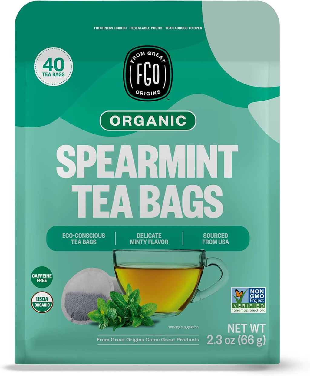 FGO Organic Spearmint Leaf Herbal Tea, 40 Count, Eco-Conscious Tea Bags, Caffeine Free, (Pack of 1)