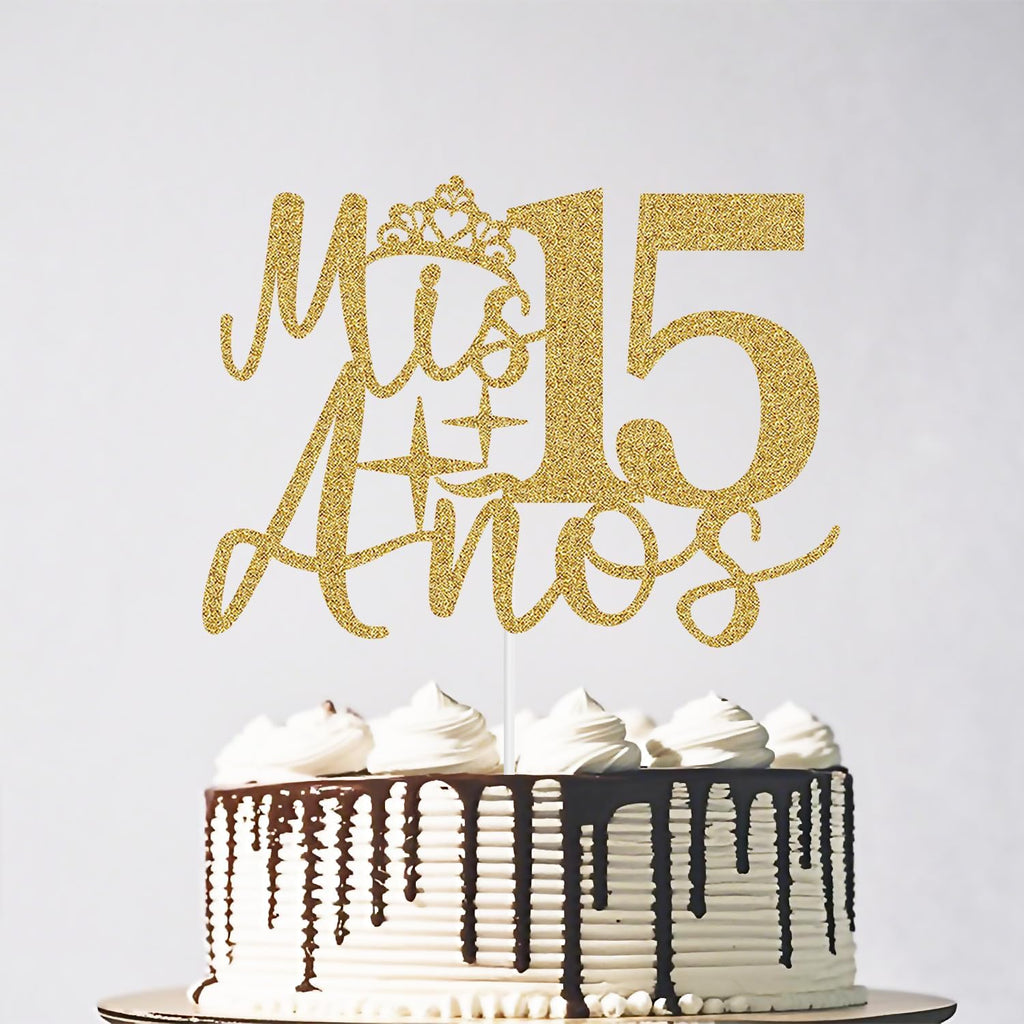 Mis Años 15 Cake Topper - Mis Quince 15 Happy 15th Birthday Cake Topper, Cheers to 15 Years Birthday Party Decorations Gold Glitter