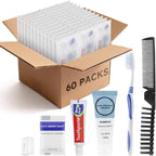 Travel Toiletries Supplies Kits Disposable Toiletry Amenities Set in Bulk, Hygiene Trial Size Personal Essentials Individually Wrapped for Camping, Hotel, Guest, Homeless, Charity, 5-in-1 (60-Pack)