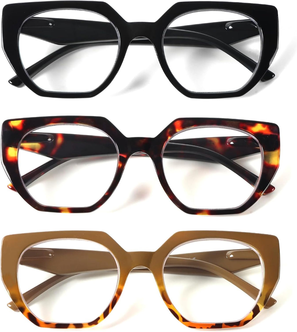 MMOWW 3 Pack Oversized Cateye Reading Glasses for Women Fashion Blue Light Blocking Readers with Spring Hinges