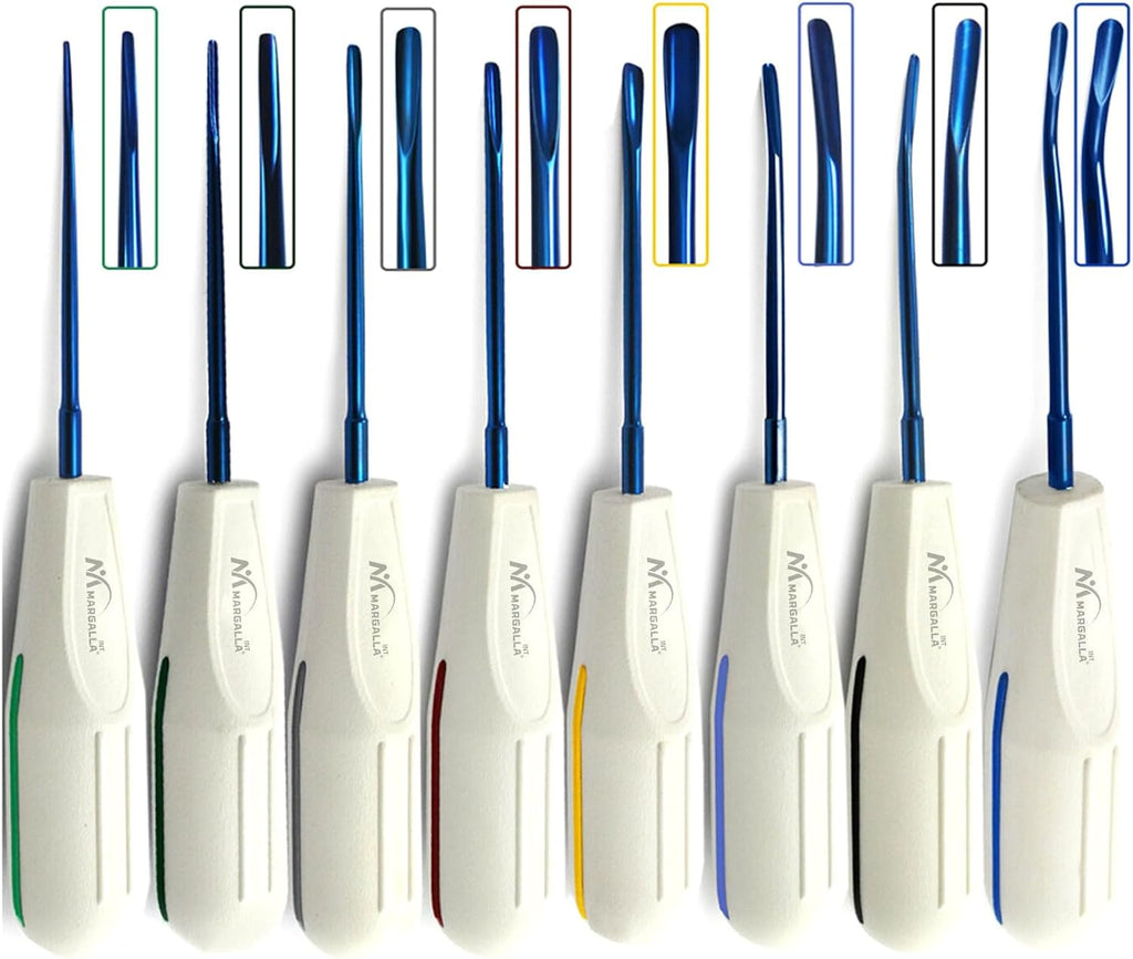 8 Pcs Dental Luxating Elevators Set of 8 Blue Tips Tooth Luxation Root Extraction Elevator White Plastic Handles