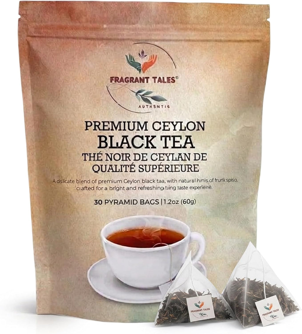 Premium Ceylon Black Tea | 60g (2.12 oz) – 30 Pyramid Tea Bags | Whole Leaf Ceylon Tea from Sri Lanka (Ceylon) | Bold & Bright Flavor with Delicate Hints of Fruit & Spice | Fragrant Tales